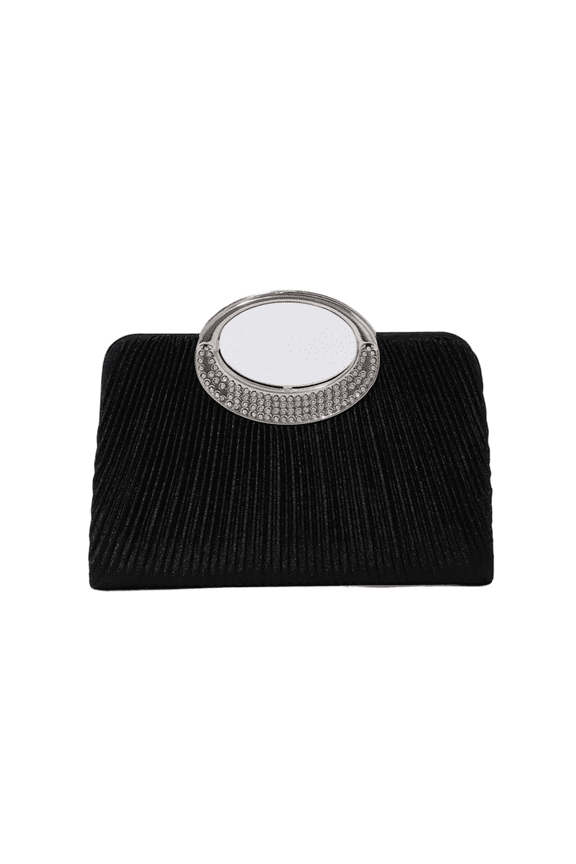 Elegant Black Pleated Evening Clutch with Crystal-Embellished Ring Handle for Wedding Party Formal Events