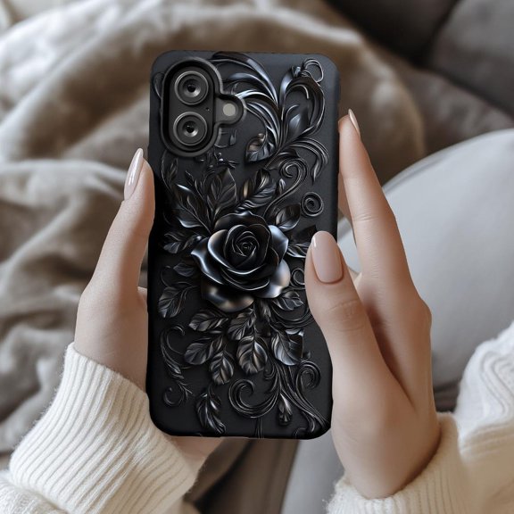 Elegant Black Rose 3D Floral Carved Gothic Phone Case with iPhone 17 to 11 Pro Max