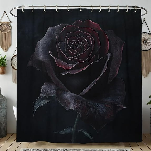 Elegant Black Rose Shower Curtain, Dramatic Dark Floral Design For Bathroom Decor, Autumn Winter Modern Chic Waterproof Fabric Shower Curtain Set With Hooks 65"W x 72"L