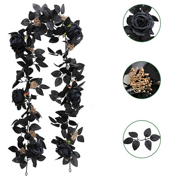 Elegant Black Rose Vine Garland with Silk Flowers - Gothic Halloween Home Decor for Staircase, Doorway, Table Setting, Party Decoration, Mystical Autumn Theme Arrangement