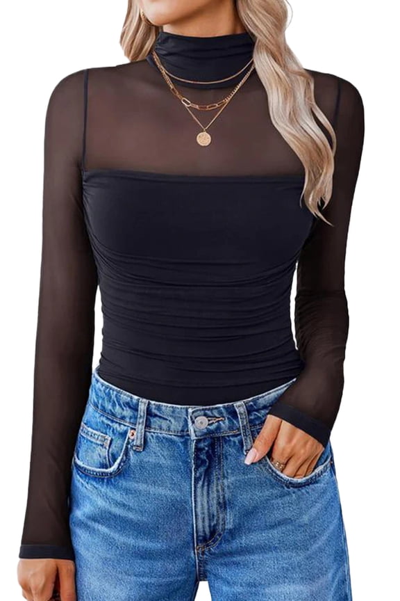 Elegant Black Sheer Mesh High Neck Long Sleeve Top for Women – Perfect for Night Out and Daily Wear, XL