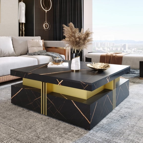 Elegant Black Square Storage Coffee Table Boasting 4 Drawers