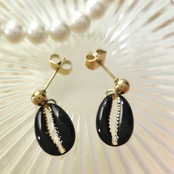 Elegant Black Stainless Steel Shell Drop Earrings - Nature Inspired Design, 1.8cm Dangle Length, Stud Closure for Women