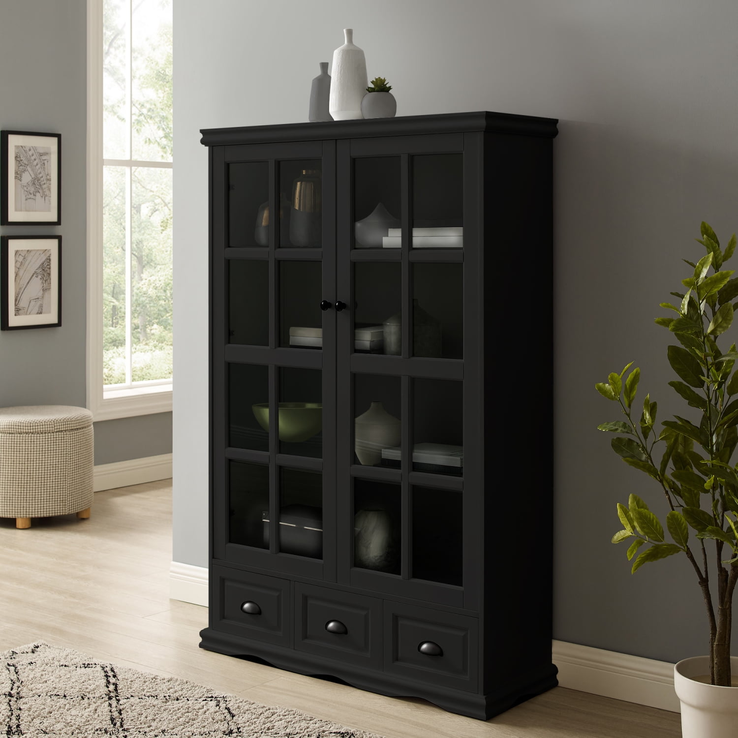 Elegant Black Storage with Tempered Glass Doors Curio Display