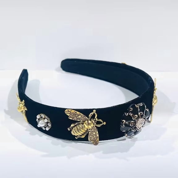 Elegant Black Suede Wide Brim Headband with Metal Bee and Jewelry Embellishments - Chic Hair Accessory for Any Occasion