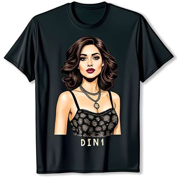 Elegant Black T-Shirt Featuring Glamorous Woman in Sequined Dress Design