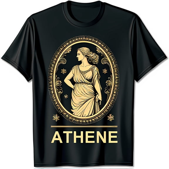 Elegant Black T-Shirt Featuring Gold Greek Goddess Athene Design