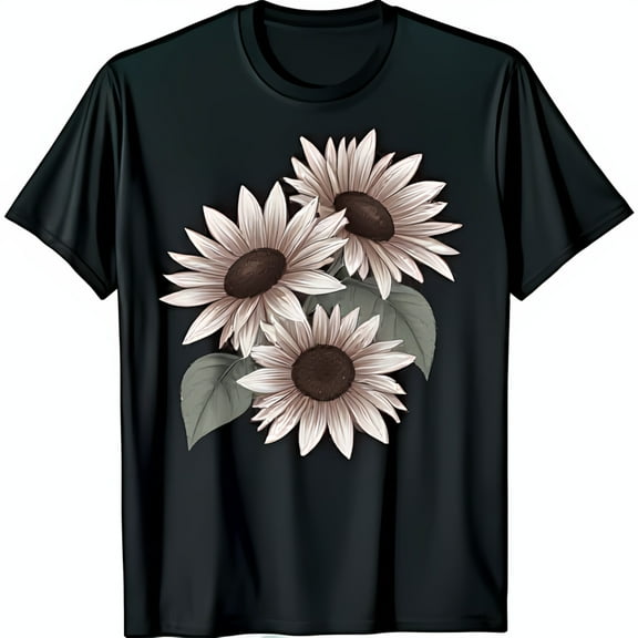 Elegant Black T-Shirt with Brown Sunflower Chest Graphic Design