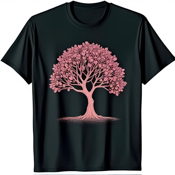 Elegant Black T-Shirt with Captivating Pink Tree Graphic Nature Inspired Design