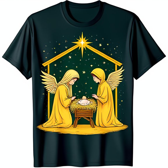 Elegant Black T-Shirt with Classic Nativity Scene Chest Graphic & Angels