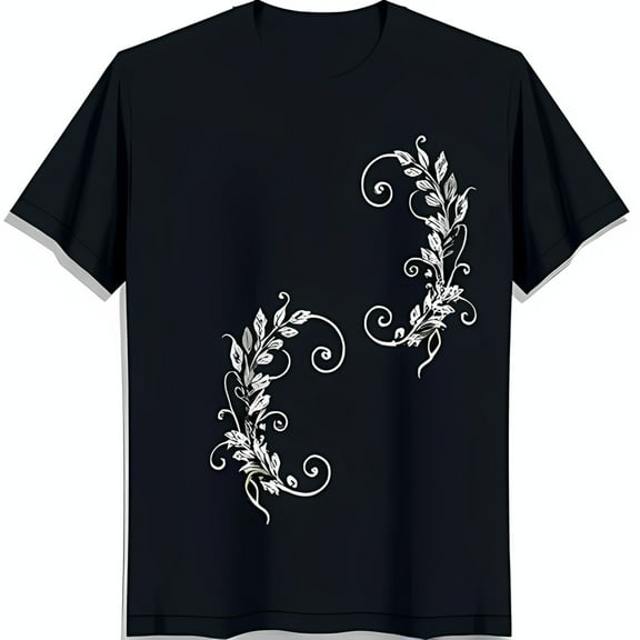 Elegant Black T-Shirt with Delicate White Floral Chest Graphic Design