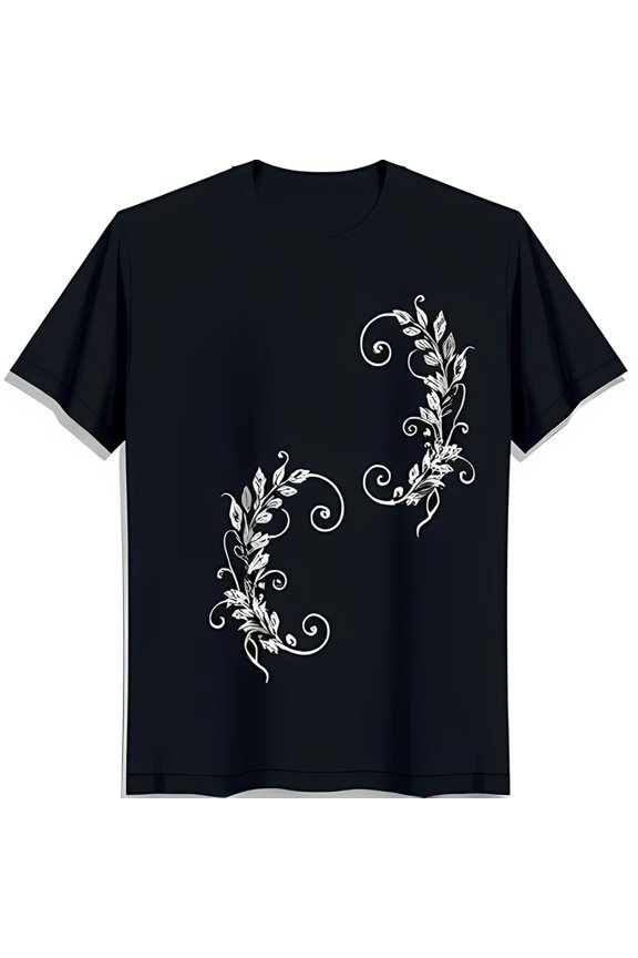 Elegant Black T-Shirt with Delicate White Floral Chest Graphic Design