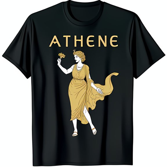 Elegant Black T-Shirt with Detailed Athena Graphic & Gold Lettering