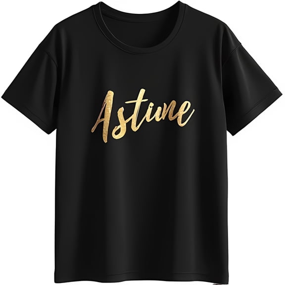Elegant Black T-Shirt with Gold Cursive Astine Graphic Classic Style