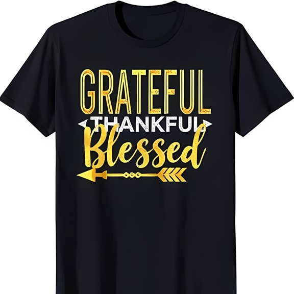 Elegant Black T-Shirt with Gold 'Grateful Thankful Blessed' Design & Arrow