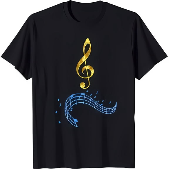 Elegant Black T-Shirt with Gold Treble & Blue Musical Notes Design for Music Lovers