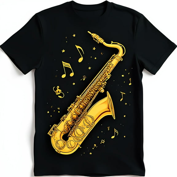 Elegant Black T-Shirt with Golden Saxophone Design and Musical Notes