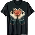 thumbnail image 1 of Elegant Black T-Shirt with Graphic of Gloved Hands Holding a Pink Flower, 1 of 5