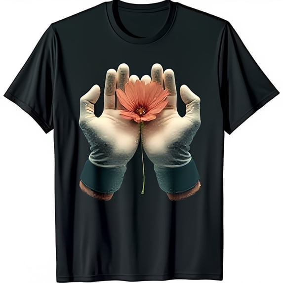 Elegant Black T-Shirt with Graphic of Gloved Hands Holding a Pink Flower