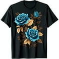 thumbnail image 1 of Elegant Black T-Shirt with Intricate Blue Rose Design and Gold Brown Leaves, 1 of 5