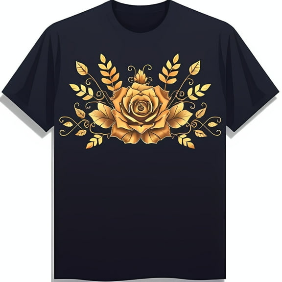 Elegant Black T-Shirt with Intricate Gold Rose Design Floral Graphic Tee