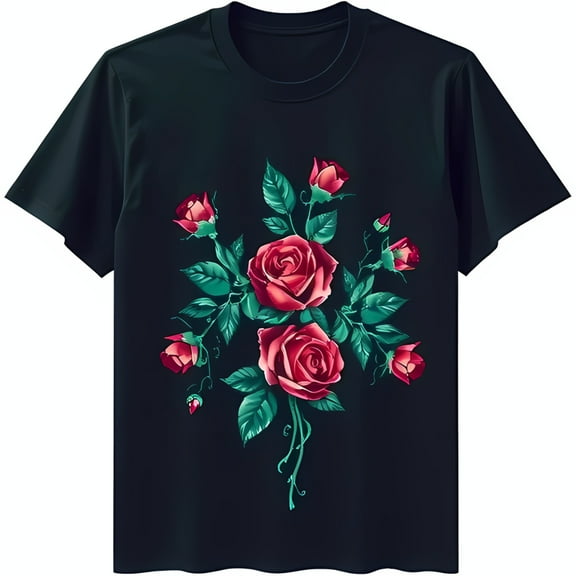 Elegant Black T-Shirt with Intricate Red Roses Graphic Design Floral Bouquet Print