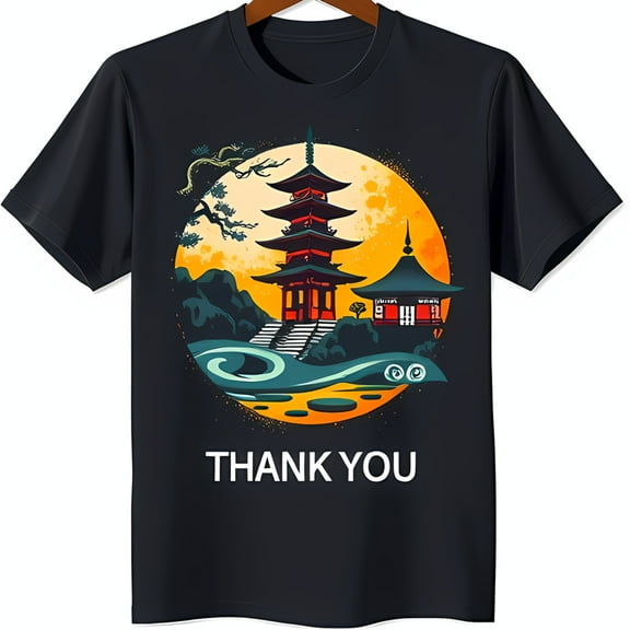 Elegant Black T-Shirt with Japanese Temple Design and 'Thank You'