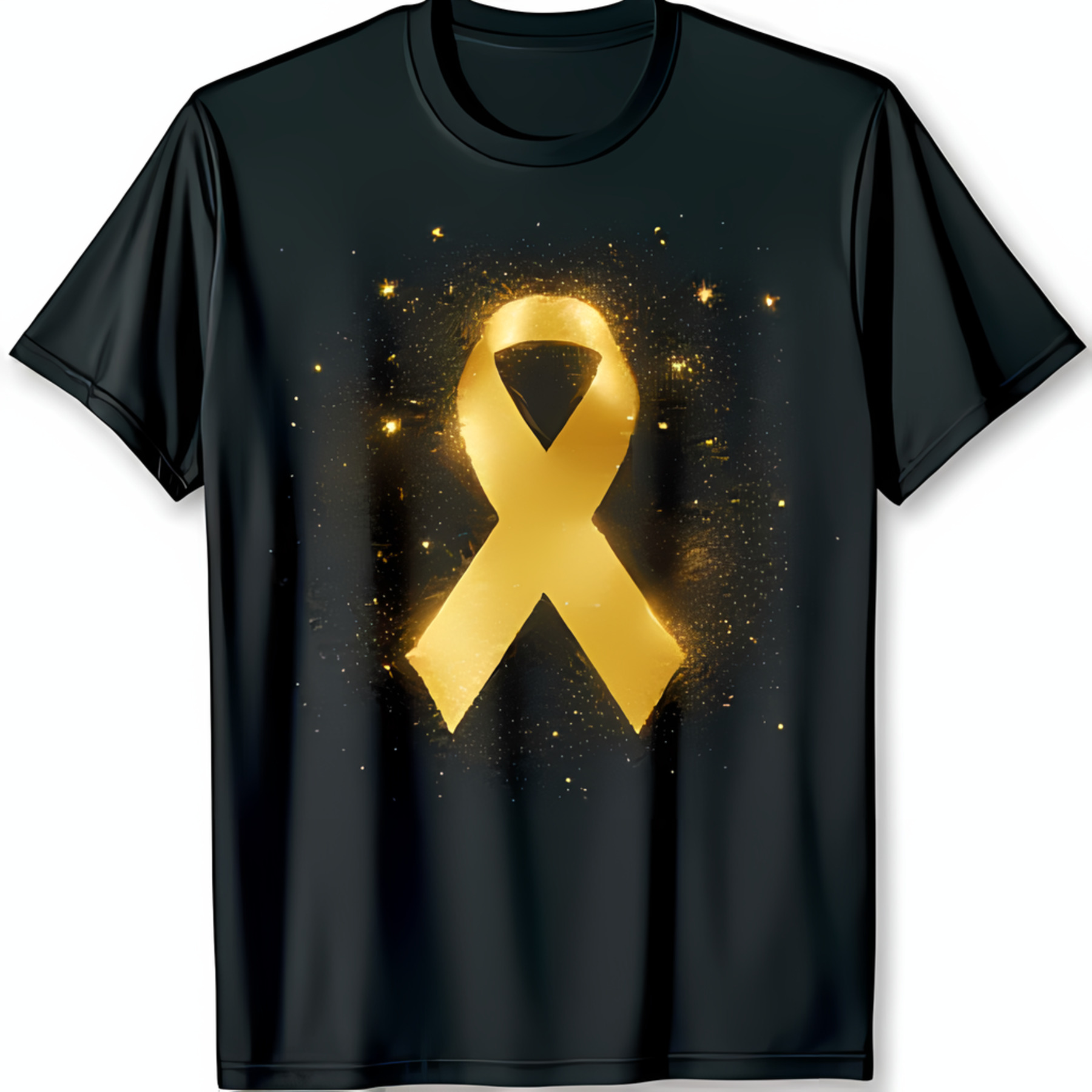 Elegant Black TShirt with Large Golden Ribbon Chest Graphic Stylish