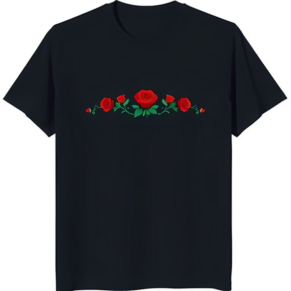Elegant Black T-Shirt with Red Roses and Green Leaves Design