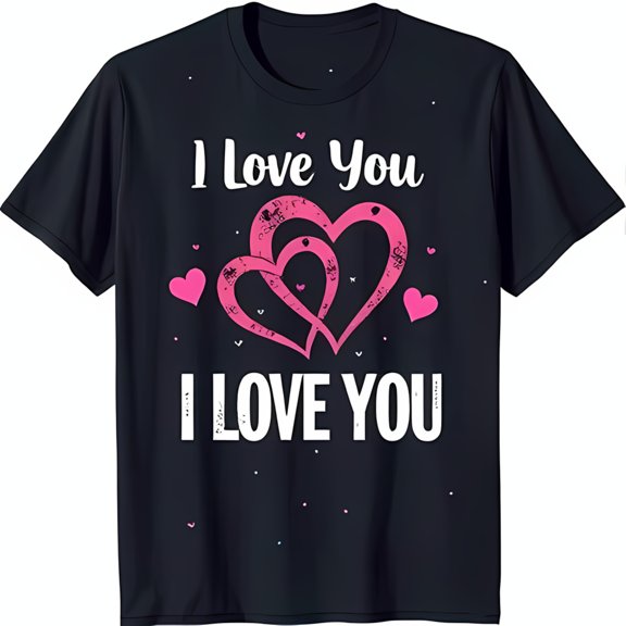 Elegant Black T-Shirt with Romantic Pink Heart Graphic & 'I Love You'
