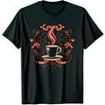Elegant Black TShirt with Steaming Coffee Cup & Floral Design Graphic