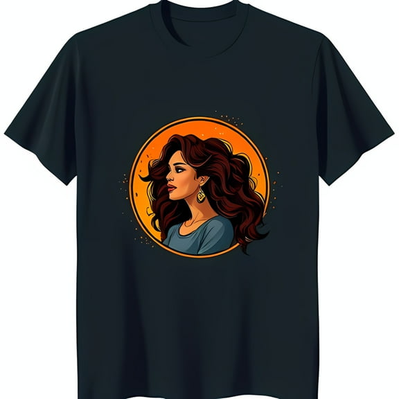 Elegant Black T-Shirt with Striking Graphic of Woman in Light Blue & Golden Earring