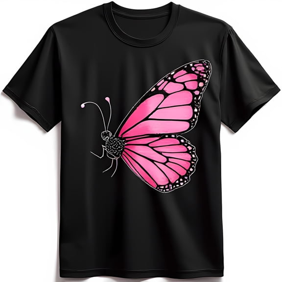 Elegant Black T-Shirt with Striking Pink Butterfly Graphic Nature Inspired Design