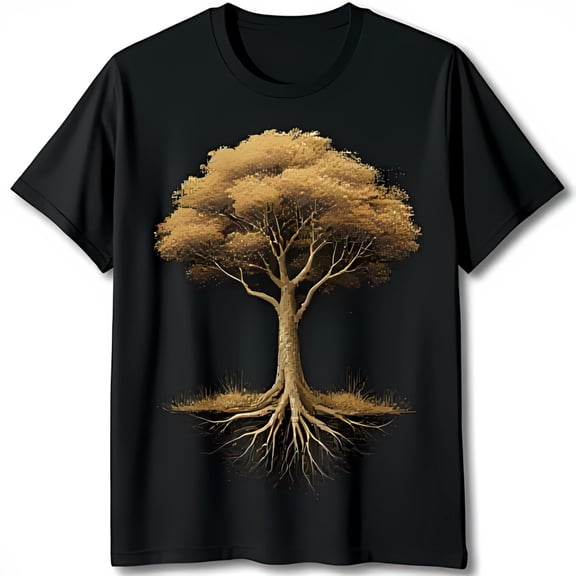 Elegant Black T-Shirt with Stunning Golden Tree Graphic Design