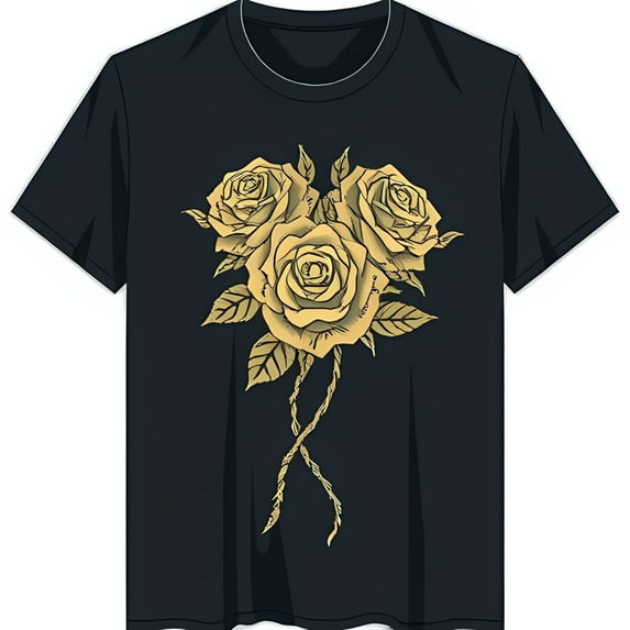 Elegant Black T-Shirt with Vintage Gold Floral Rose Design Classic Neck