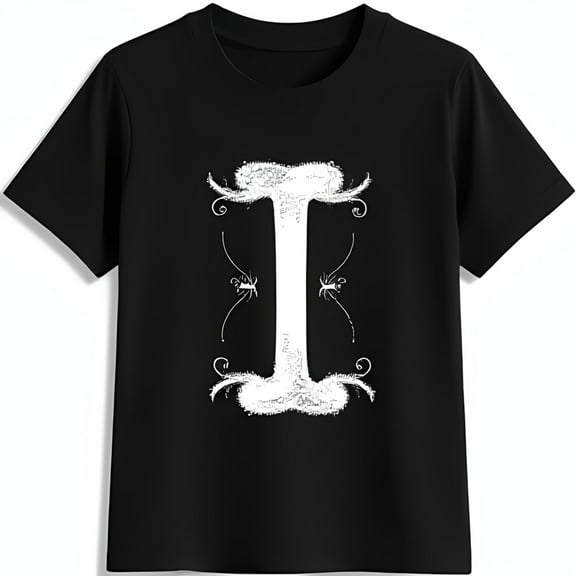Elegant Black T-Shirt with Vintage White Stylized I Design and Flourishes