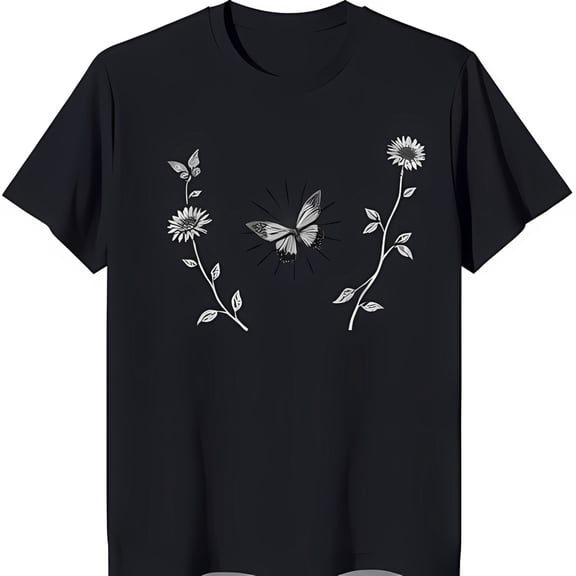 Elegant Black T-Shirt with White Butterfly and Symmetrical Flower Outline Design