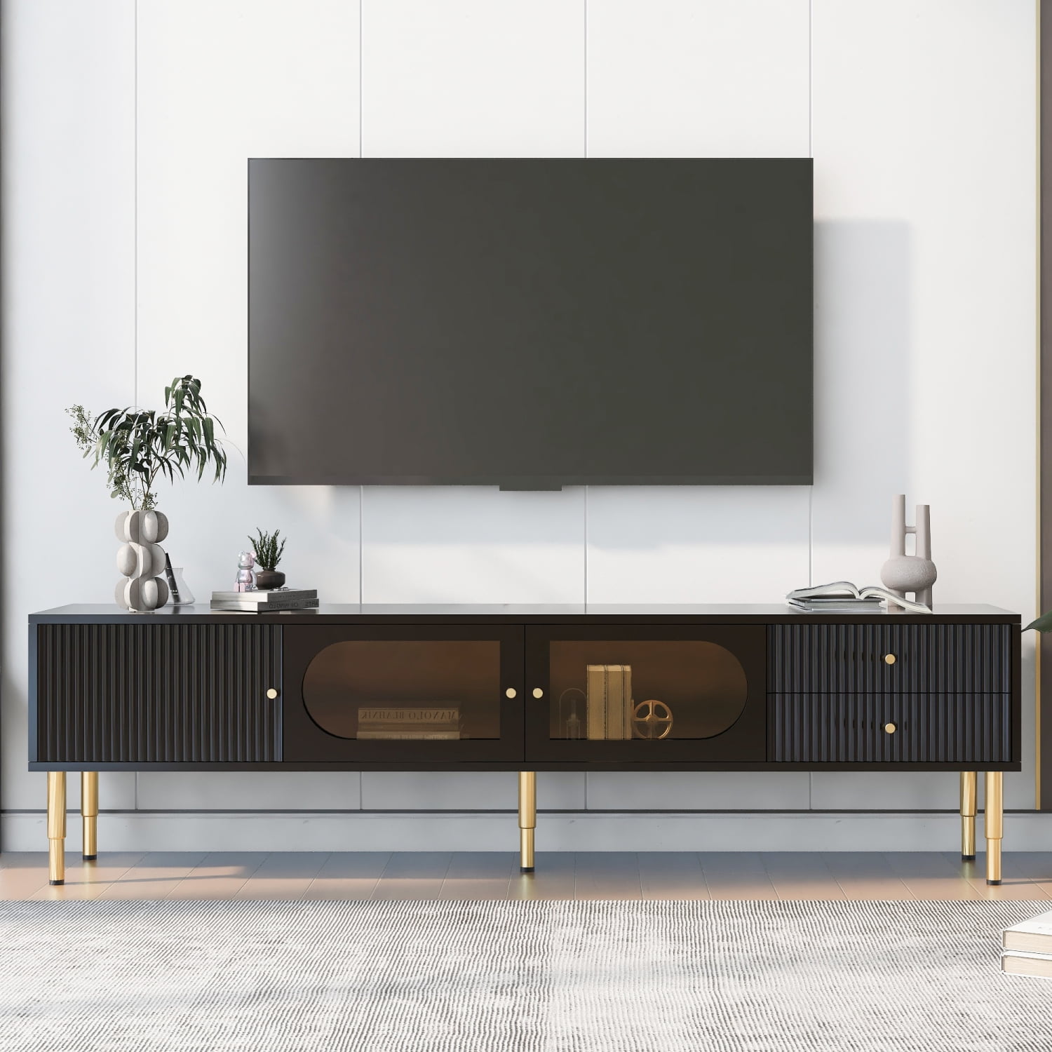 Elegant Black TV Stand with Gold Accents for up to 80inch TVs Multi