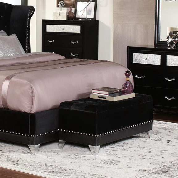 Elegant Black Trunk With Upholstery And Silver Nailhead Accents - Luxury Feel Sophisticated Storage Tufting Trim Ample Space Inside