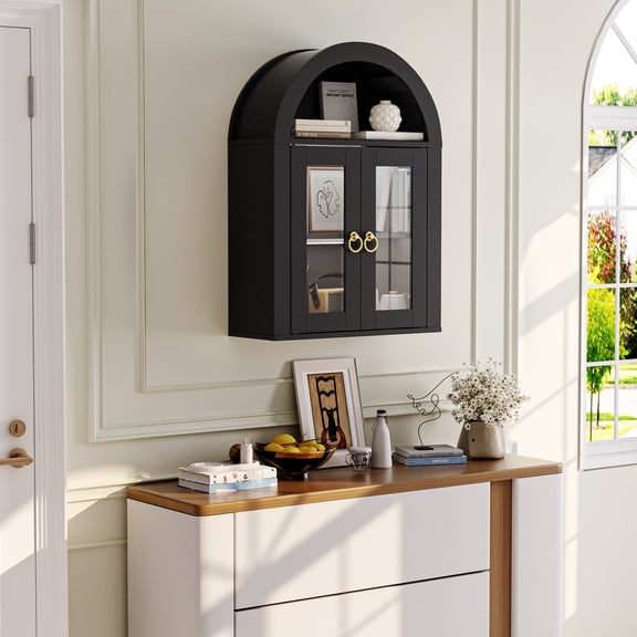 Elegant Black Wall Cabinet with Arched Design, Tempered Glass Doors, LED Lighting, and Adjustable Shelves for Bathroom & Kitchen