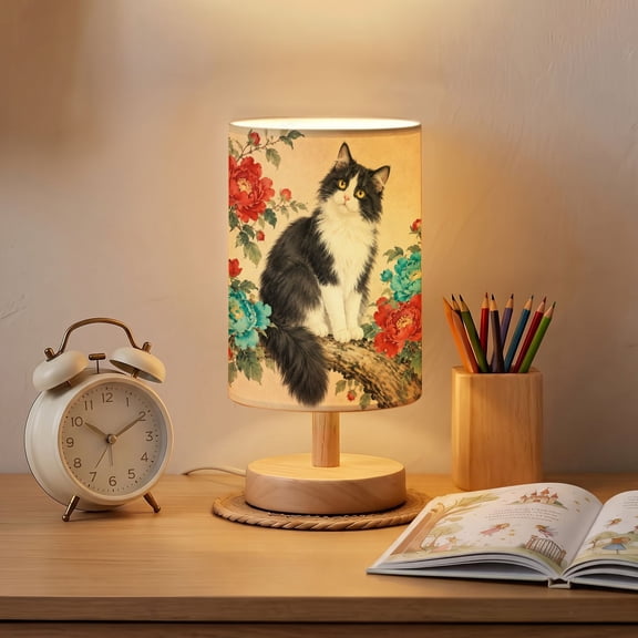 Elegant Black White Cat Bedside Table Lamp for Bedroom 16 Color Dimmable Small Desk Lamp Vibrant Red Blue Flowers Nightstand Lamp with Remote Wooden Base Linen Shade for Gift