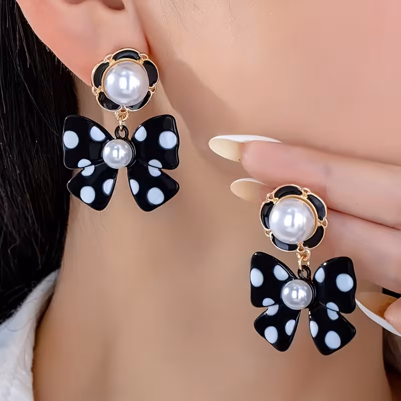 Elegant Black White Polka Dot Bow Earrings, Trendy Lightweight Faux Pearl Beaded Jewelry for Daily Wear