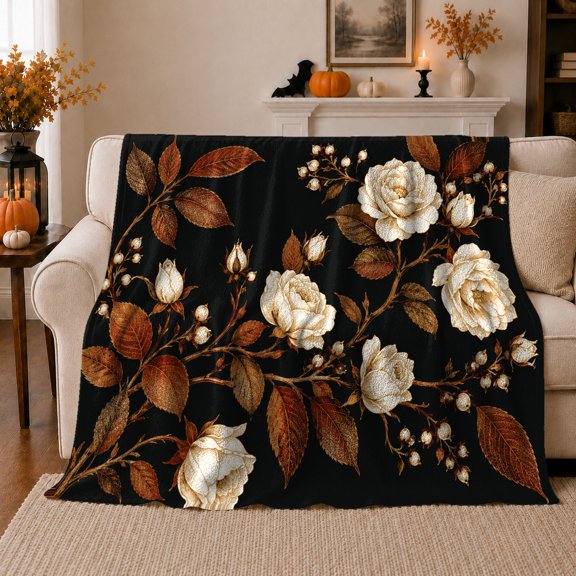 Elegant Black White Rose Botanical, Festive autumn celebration Scene, Warm Flannel Blanket for Living Room and Family Room, Art Lovers autumn celebration Gift, Festive Home Decor