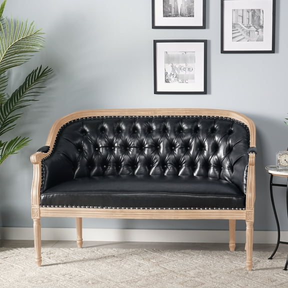 Elegant Black With Button Cushions, Scrolled And Birch Wood Base Pu Seat Back, Gracefully Turned Arms Structure