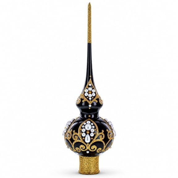 Black and Gold Filigree Design Glass Christmas Tree Topper 11 Inches