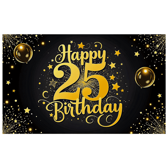 Elegant Black and Gold Happy 25 Birthday Banner with Star and Balloon Elements Birthday Party Decorations Backdrop Photography Props Party Supplies