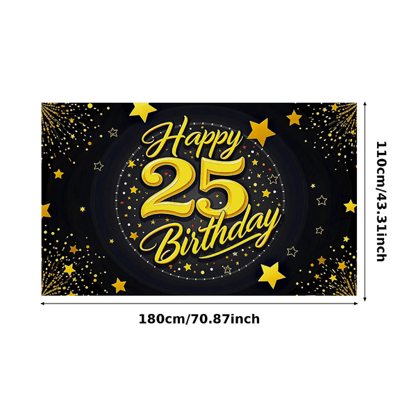 Elegant Black and Gold Happy 25 Birthday Banner with Star and Balloon Elements Birthday Party Decorations Backdrop Photography Props Party Supplies