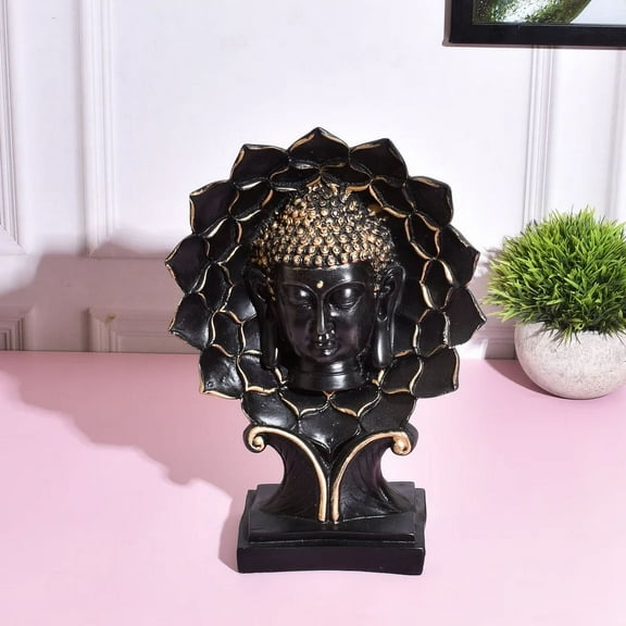 Elegant Black and Golden Buddha Statue - Polyresin Face on Lotus with Stand, Serene Home Decor, Spiritual Gift