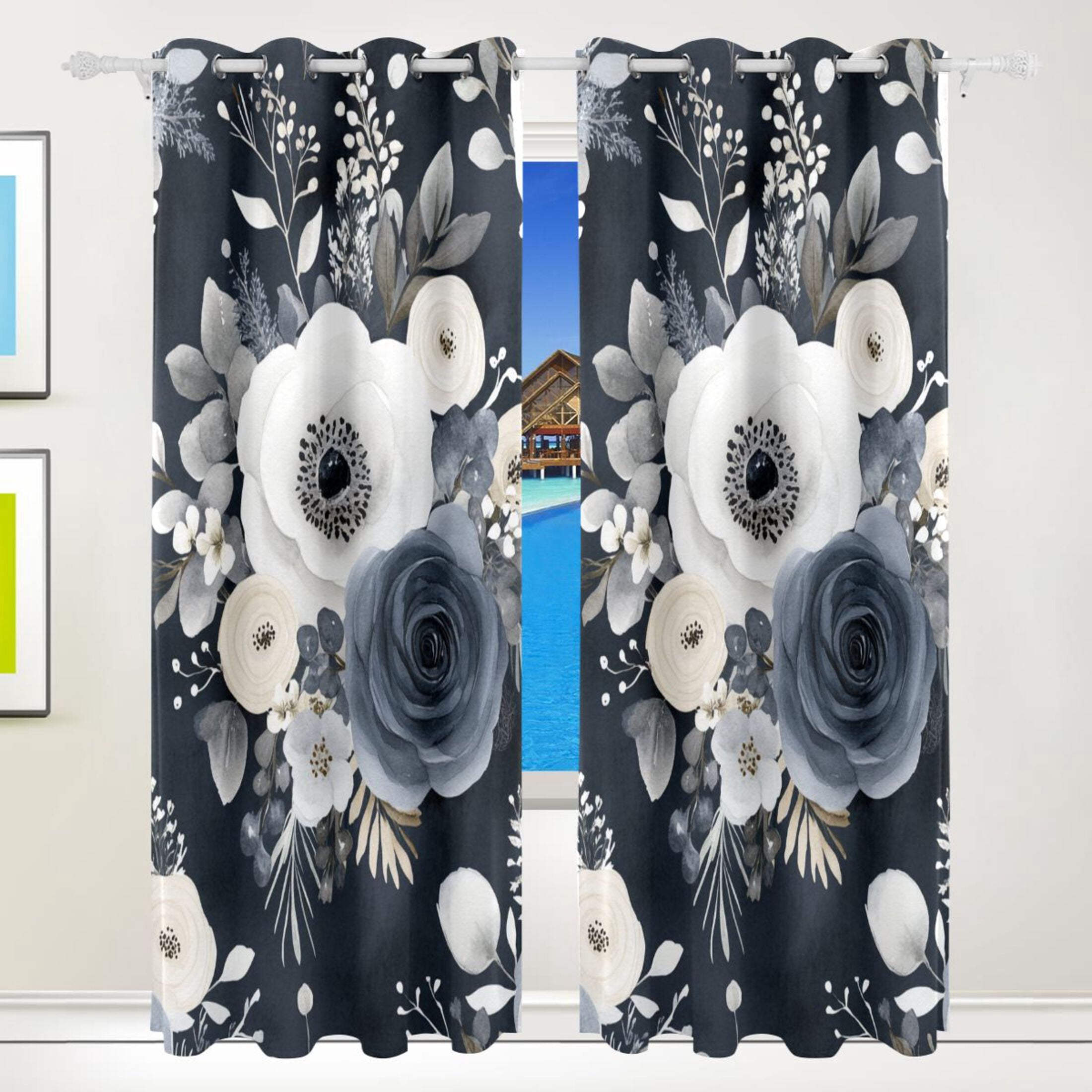 Elegant Black and White Floral Blackout Curtains for Living Room