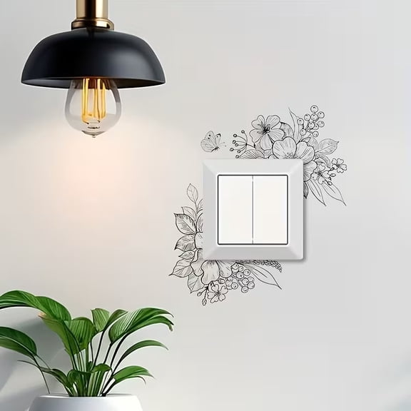 Elegant Black and White Floral Leaf Minimalist Light Switch Sticker - Self-Adhesive PVC Wall Decor for Home and Office
